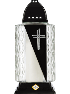 Candelă din sticlă cu cruce argintie și model negru 1068-CR