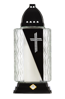 Candelă din sticlă cu cruce argintie și model negru 1068-CR