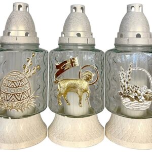 Candelă din sticlă albă cu decorațiune de Paști MIX - Iepure, Pui și Miel - PB-419-GOLD-MIX