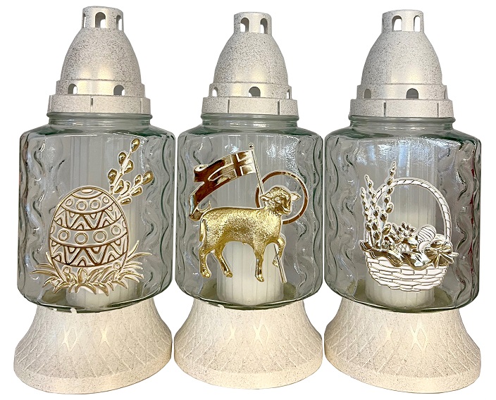 Candelă din sticlă albă cu decorațiune de Paști MIX - Iepure, Pui și Miel - PB-419-GOLD-MIX