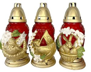 Candelă din sticlă roșie cu decorațiune de Paști MIX - Iepure, Pui și Miel - PB-70-RED-MIX