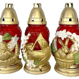 Candelă din sticlă roșie cu decorațiune de Paști MIX - Iepure, Pui și Miel - PB-70-RED-MIX