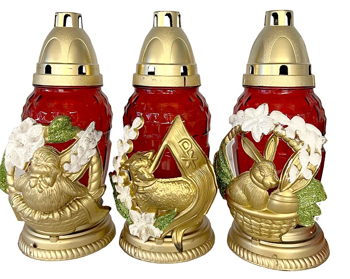 Candelă din sticlă roșie cu decorațiune de Paști MIX - Iepure, Pui și Miel - PB-70-RED-MIX