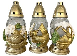 Candelă din sticlă albă cu decorațiune de Paști MIX - Iepure, Pui și Miel - PB-70-WHITE-MIX