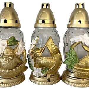 Candelă din sticlă albă cu decorațiune de Paști MIX - Iepure, Pui și Miel - PB-70-WHITE-MIX