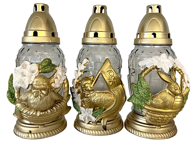 Candelă din sticlă albă cu decorațiune de Paști MIX - Iepure, Pui și Miel - PB-70-WHITE-MIX