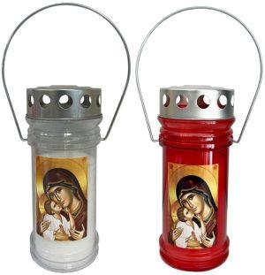 LCA - SVS-FELM-MD-3D-x - Candelă felinar din plastic cu capac si maner - Maica Domnului - Roșu / Alb