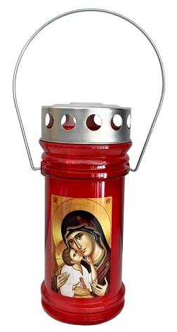Candelă felinar din plastic cu capac si maner - Maica Domnului - Roșu - SVS-FELM-MD-3D-R