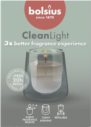 Kit Clean Light Bolsius Suport + parafină parfumată - Chiparos & Chihlimbar - BO-CL-KIT-01