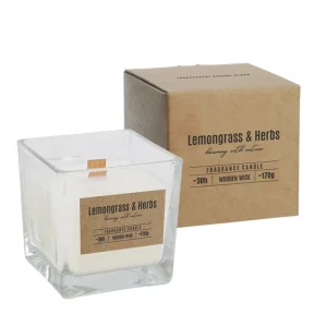 Lumânare parfumată în pahar cu fitil din lemn lemongrass herbs