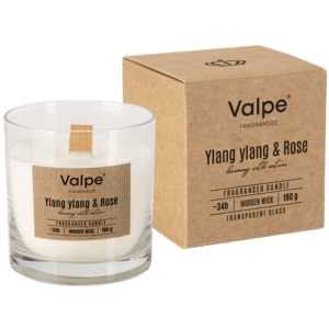 Lumânare parfumată Valpe cu fitil din lemn ce imită sunetul lemnului în timpul arderii - Ylang Ylang & Rose