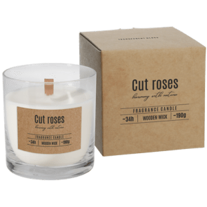 Lumânare parfumată cu fitil din lemn ce imită sunetul lemnului în timpul arderii - Cut Roses