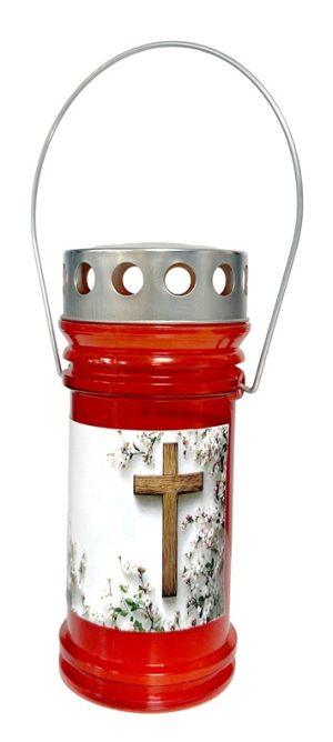 Candelă felinar din plastic cu capac si maner - Cruce - Roșu - SVS-FELM-CR-R