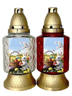 Candelă din sticlă MIX (alb/roșu) - Iepure şi coş ouă - PB-419-OUA-IEP-AR