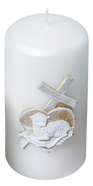 Lumânare stâlp - Miel și cruce - 70x130mm - ST70x130-MIEL-CR