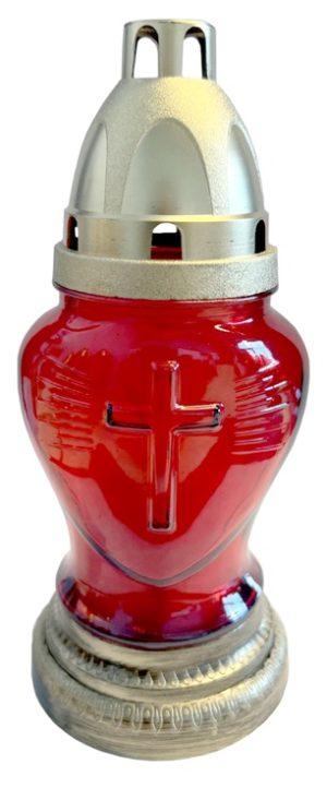 Candelă din sticlă - Inimă cu cruce - 250G-x Alb / Roșu