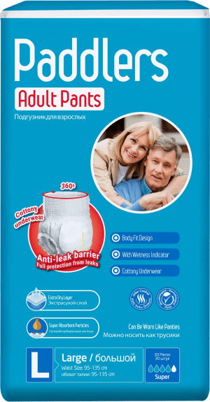 Paddlers - Scutece pentru incontinență adulți, tip chilot, mărime L (30 buc. / pachet => 5,02 RON / buc.)